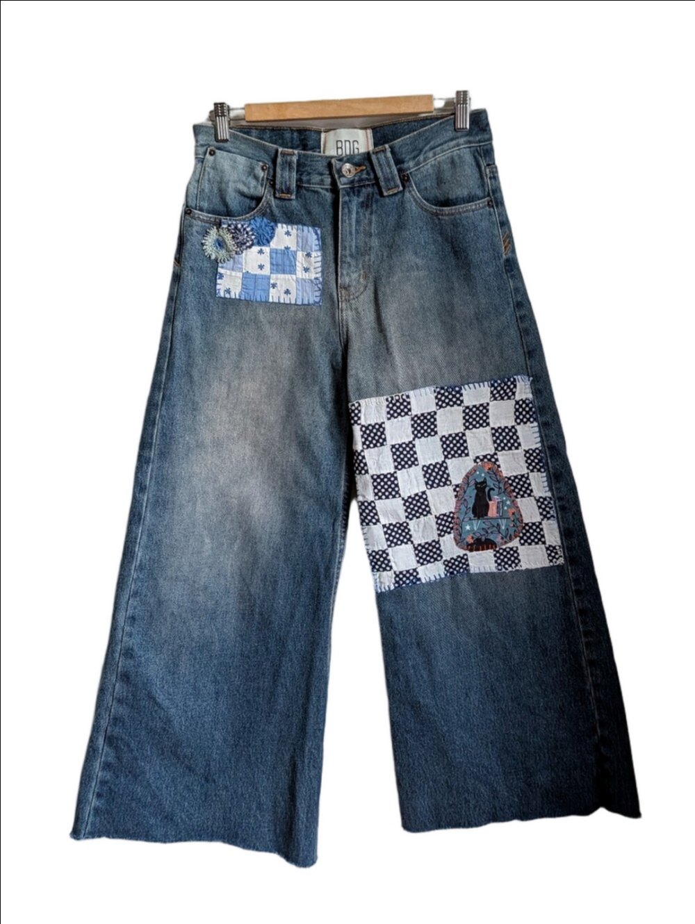 HANDMADE BDG Reworked Quilt Patches Halloweem Whimsical Cat Blue Jeans Size 29